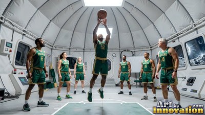 Leaping high inside a white dome, an athlete in green shoots a basketball