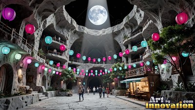 People walk in a stone courtyard strung with pink and blue lanterns under a skylight moon