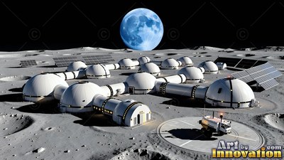 On gray lunar dust, white dome habitats sit beneath a blue moon in space