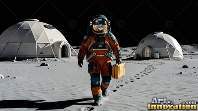 Walking across gray dust, an astronaut in an orange suit carries a case near white domes
