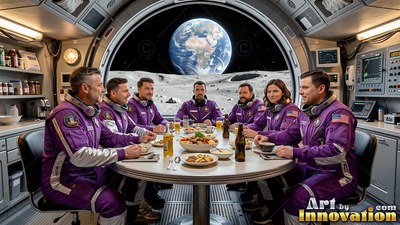 Astronauts in purple suits eat dinner at a round table overlooking Earth