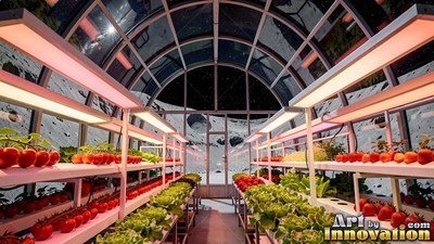 Rows of red tomatoes grow on shelves inside a glass greenhouse dome on the gray moon crater surface