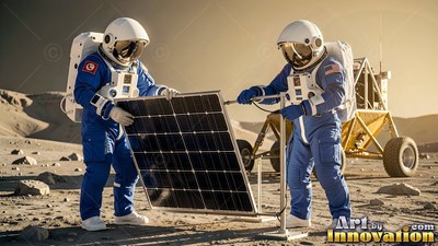 Two astronauts in blue suits set up a solar panel in the warm sunlight of the dusty plain