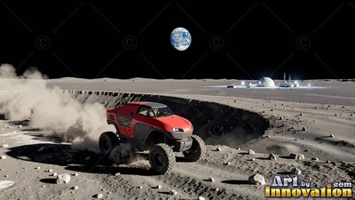 Angled along a crater on the gray moon, a red rover kicks up dust