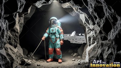 An astronaut in a teal and orange suit stands holding a rope inside a moon cave