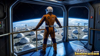 In a control room, an astronaut in an orange suit looks out at white domes