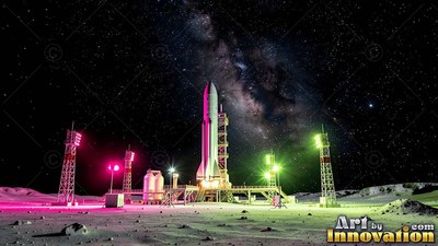Standing on a lunar launchpad, a tall white rocket rests under a starry sky