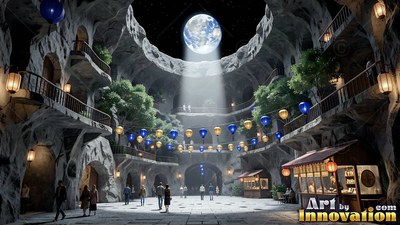 People in dark coats walk across a stone plaza inside an underground cavern base under Earth light