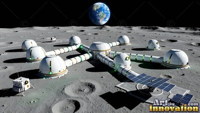 A lunar base connects rounded white domes across gray craters beneath a blue Earth