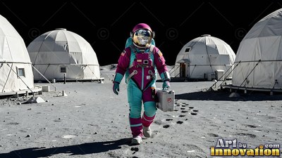 Walking toward the front, an astronaut carries a case past white domes