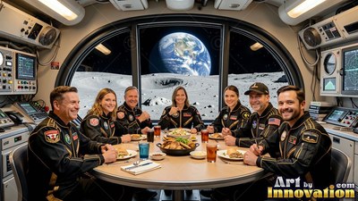Astronauts in black jumpsuits sit around a dinner table facing Earth