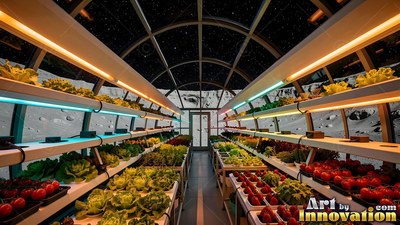 Inside a domed greenhouse on the moon, fresh vegetables grow on lit shelves