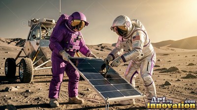 Setting up a solar panel, two astronauts in purple and white suits bend over dusty ground