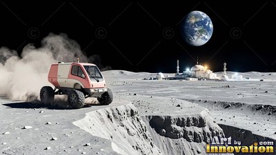 A pink lunar rover kicks up gray dust near a moon base crater