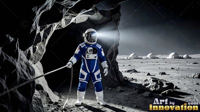A bright helmet lamp shines as an astronaut in a blue suit stands outside a moon cave