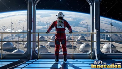 An astronaut in a red suit looks out a window at white domes under bright blue Earth light
