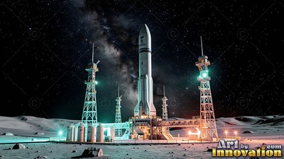 Standing upright on a lunar launchpad, a white rocket rests under a starry sky