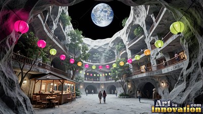 In a lunar cave courtyard hung with lanterns, people walk beneath Earth