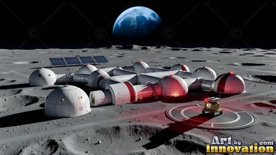Spreading across gray craters, a white lunar base sits under a blue Earth in space