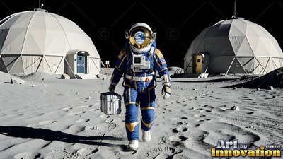 An astronaut in a blue spacesuit walks between white moon domes