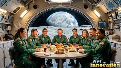 Astronauts in green flight suits share dinner at a round table below a window facing Earth