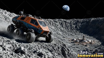 Tilted downward on a rocky slope, an orange rover drives above a lunar base