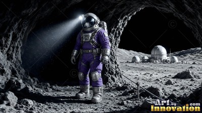 An astronaut in a purple suit stands in a dark cave near lunar domes