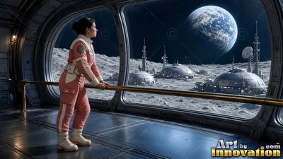 Inside an outpost on the moon, an astronaut in pink looks out a window at Earth