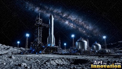Standing on a moon launchpad, a silver rocket rests under the Milky Way