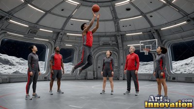 A player in gray and red jumps to shoot inside a moon dome