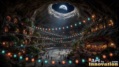 Strung turquoise and orange lanterns hang across an underground lunar cave plaza