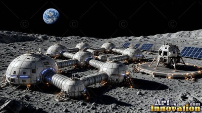 Connected habitat domes sit on cratered gray dust under bright sunlight and Earth