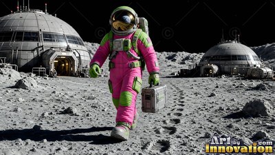 Walking forward across gray dust, an astronaut in a pink suit carries a case near domes