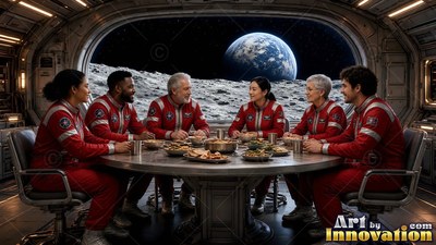 Six astronauts in red suits share a meal before a window facing Earth