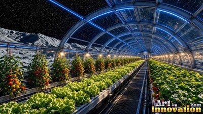 Inside an arched glass greenhouse, rows of tomatoes and green lettuce grow