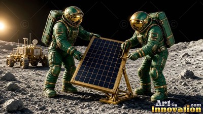 Adjusting a solar panel on gray dust, two astronauts wear dark green spacesuits