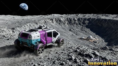A purple and white rover drives along the edge of a lunar crater