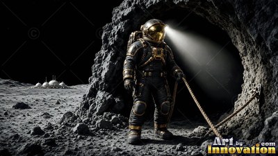 Golden visor shining, an astronaut stands in a dark lunar cave holding a rope