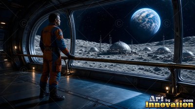 An astronaut in an orange suit looks out a window at moon domes under pale blue Earth light