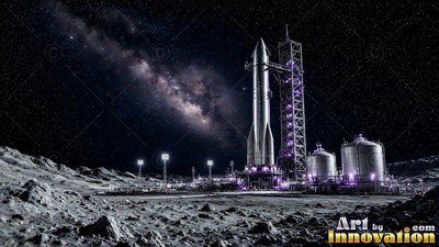 Standing upright on the moon, a silver rocket rests near tanks under a starry sky