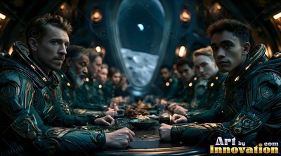Crew in dark green suits sit around a dining table facing a lunar window