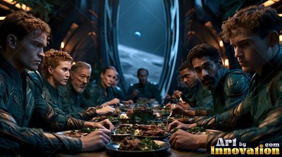 In a moon base dining hall, people in dark green suits eat at a long table