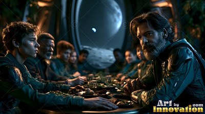 Eating dinner together, astronauts sit at a long table before a moonlit window