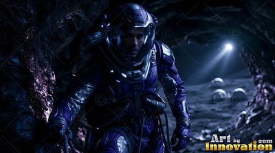 Clear visor on a purple spacesuit worn by an astronaut inside a dark moon cave