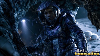 An astronaut climbs out of a dark cave, a small light shining blue on the suit