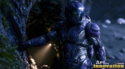 Turned sideways near a dark cave entrance, an astronaut rests in a blue suit