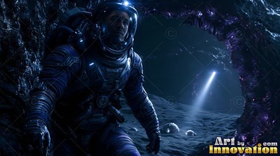 An astronaut in a dark blue spacesuit climbs out of a rocky cave on the moon