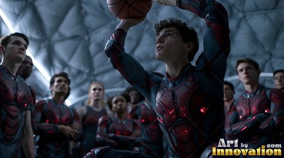 Under a domed ceiling, an athlete in a red suit shoots a basketball
