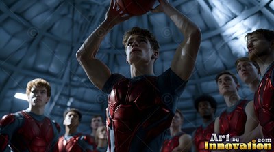 Holding a basketball overhead, a player in red armor stands inside a dim dome with a team