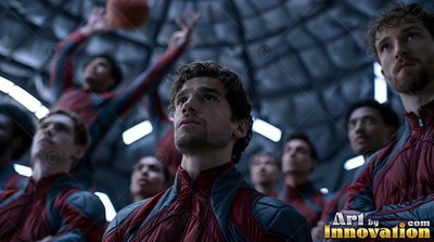Red and gray suits on an indoor basketball team looking up under a domed ceiling